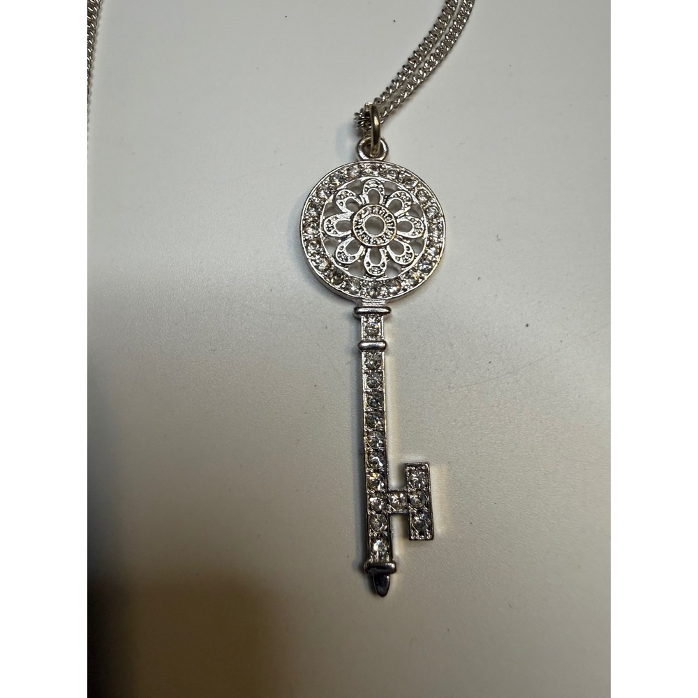 Silver Tone Crystal Pave Filigree Flower Key Pendant Double Strand Necklace